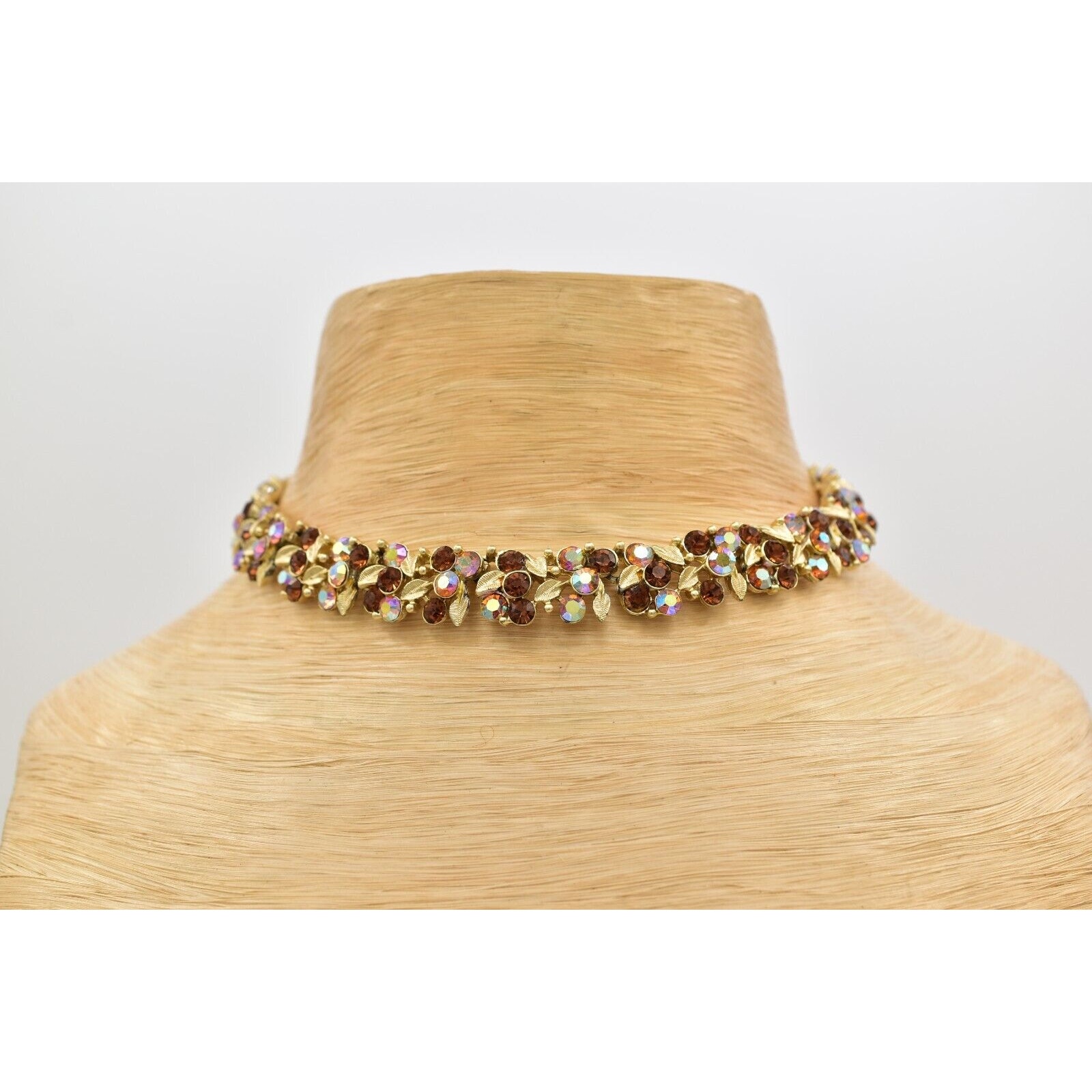 Charel Vintage Crystal Choker Collar Necklace Amber Aurora Borealis Signed Binbm